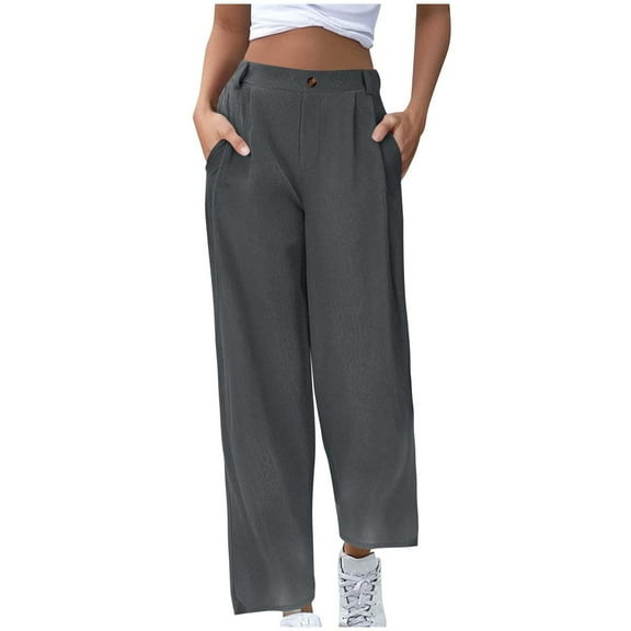 Chiccall Women's Corduroy Pants Casual Fall Pants High Elastic Waisted Straight Leg Pants Trendy Loose Stretchy Work Trousers with Pockets