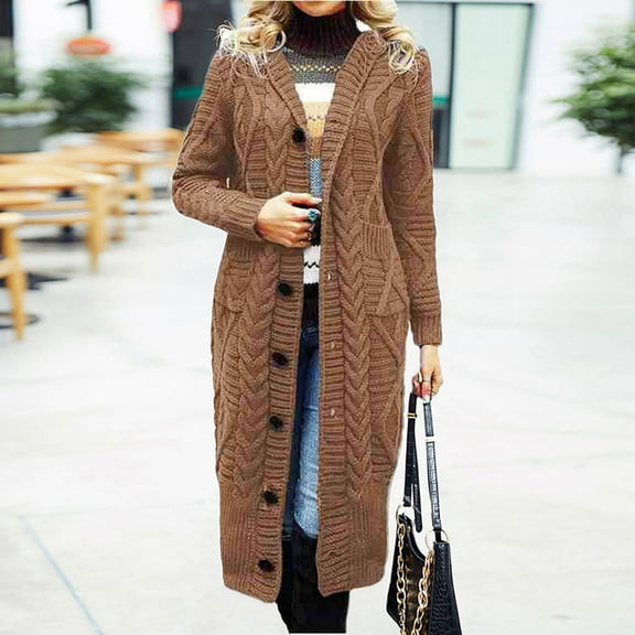Women Fashion Solid Color Long Sleeve Knitting Long Pocket Cardigan Sweater Coat Thanksgiving Sweaters for Women Knitted Sweaters for Women Long Vest for Women plus Pockets Knit Coat Long Sweater