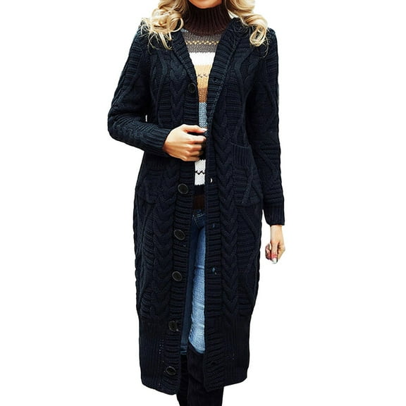 Women Fashion Solid Color Long Sleeve Knitting Long Pocket Cardigan Sweater Coat