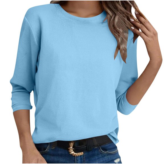 Women Fashion Solid Color Undershirt Long Sleeves Sweater T-shirt Tops, Stylish Pure Color Knitwear Pullover Long Sleeve Blouse for Layering and Casual Wear,Sky Blue,L