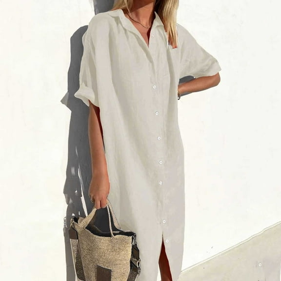 Women Fashion Solid Elegant Casual Loose Short Sleeve Button Skirt Long Pocket Shirt Dress Short Maxi Dress for Women Summer Dresses Knee Length plus Size Summer Dresses for Women Summer Dress Maxi
