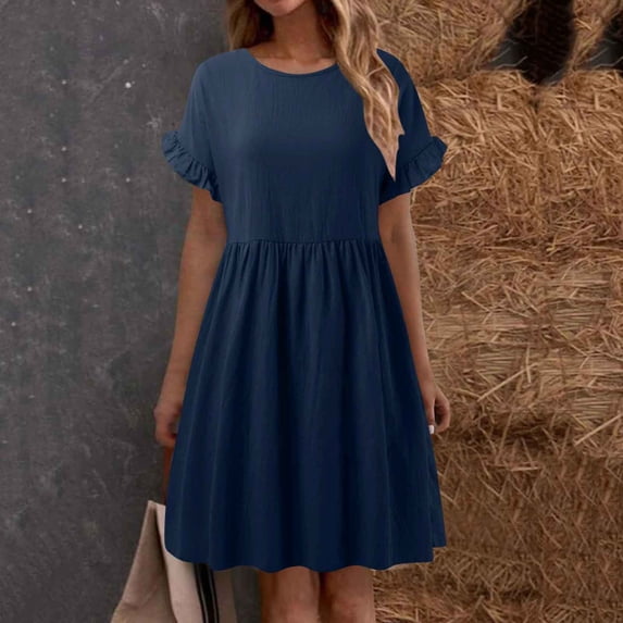 Women Fashion Solid Elegant Round Neck Loose And Linen Long Dress Petite Dresses Summer Work Dresses Summer Dresses Casual Women's Dresses Casual Maxi Dresses for Women Summer Ladies Casual Work