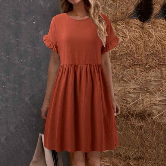 Women Fashion Solid Elegant Round Neck Loose And Linen Long Dress Petite Dresses Summer Work Dresses Summer Dresses Casual Women's Dresses Casual Maxi Dresses for Women Summer Ladies Casual Work