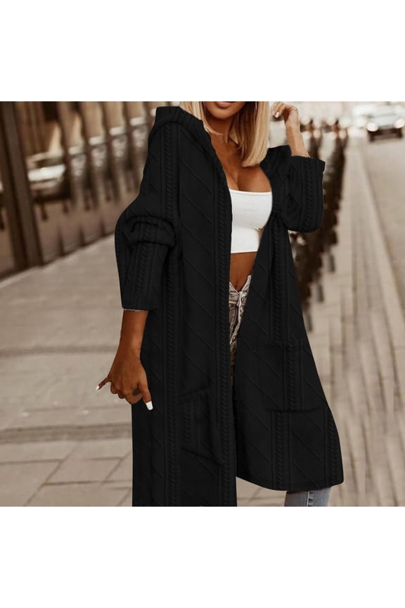 Women Fashion Solid Hooded Medium Long Casual Trench Long Sleeve Coat Color Printed Patch Pocket Cardigan Womens Cardigan Petite Music Note Sweater for Women Women Oversized Cardigan Comfy Cardigans