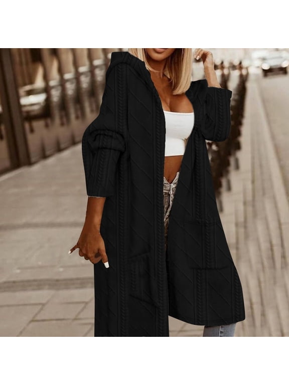 Women Fashion Solid Hooded Medium Long Casual Trench Long Sleeve Coat Color Printed Patch Pocket Cardigan Womens Cardigan Petite Music Note Sweater for Women Women Oversized Cardigan Comfy Cardigans