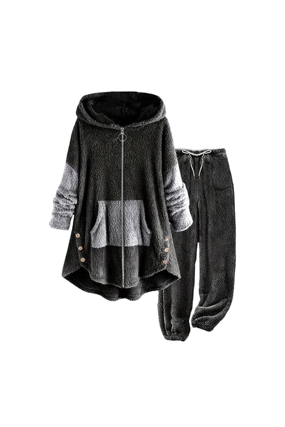 Women Fashion Solid Hooded Patchwork Long Sleeve Pocket Top Pant Suit Two Piece Set Jumpsuit for Wedding Guest Women Winter Outfits for Women Junior Business Suit Womens plus Size Pantsuit Womens