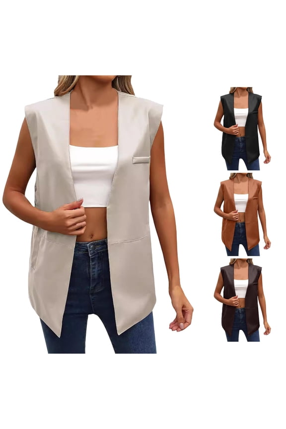 Women Fashion Solid Leather Vest Casual Cardigan Sleeveless Vest Coat Top Misses Cardigan Sweater S