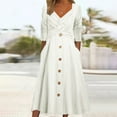 thumbnail image 1 of Women Fashion Solid Long Sleeve V Neck Button Casual Dress Long Dress Midi Summer Dress Dress Wrap Beach Dresses for Women Long Maxi Daytime Dresses for Women Casual Dresses Women Summer Women Long, 1 of 4