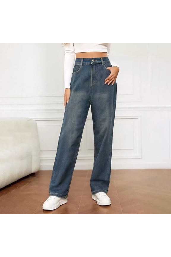 Women Fashion Solid Loose Button Pant Pocket Washed Polished Waist Ripped Jeans Trousers Jean Pants for Women Lift Women Wide Pants High Waist Jean New Direction on Pants Temp Life Leggings Jean for