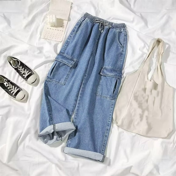 Hauaitttt Women Fashion Solid Loose Button Pant Pocket Washed Polished Waist Ripped Jeans Trousers Cropped Pants for Women Casual Floral Women Summer Pants Casual Pants for Women Active Pants for