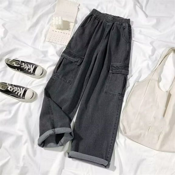 Women Fashion Solid Loose Button Pant Pocket Washed Polished Waist Ripped Jeans Trousers Women Petite Pants Casual Teacher Work Clothes Womens Pants Elastic Waist Casual Women's Pants Casual