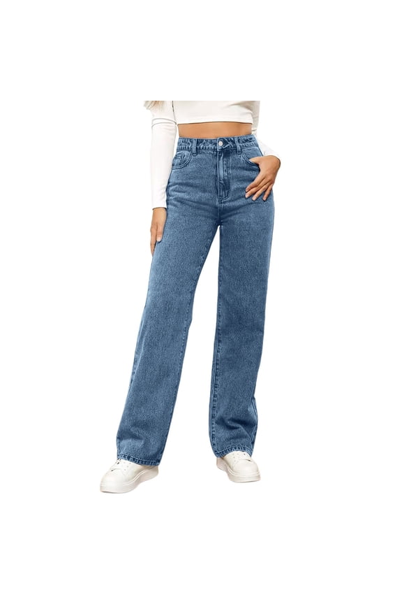 Women Fashion Solid Loose Button Pant Pocket Washed Polished Waist Ripped Jeans Trousers