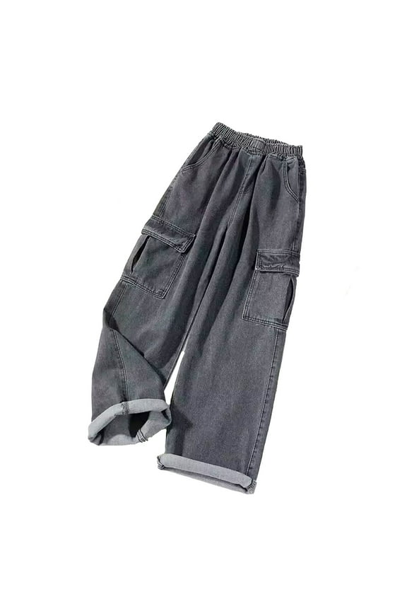 Women Fashion Solid Loose Button Pant Pocket Washed Polished Waist Ripped Jeans Trousers