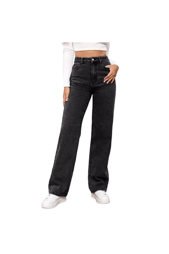 Women Fashion Solid Loose Button Pant Pocket Washed Polished Waist Ripped Jeans Trousers