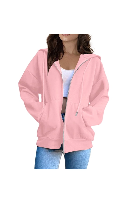 Women Fashion Solid Loose Hooded Zipper Hoodie Long Sleeve Jacket
