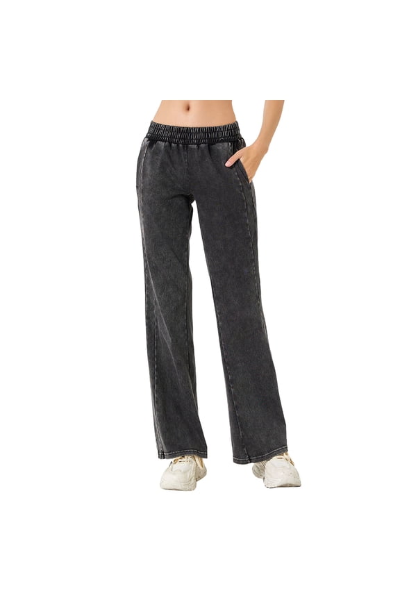 Women Fashion Solid Loose Pant Washed Polished Waist Jeans Trousers