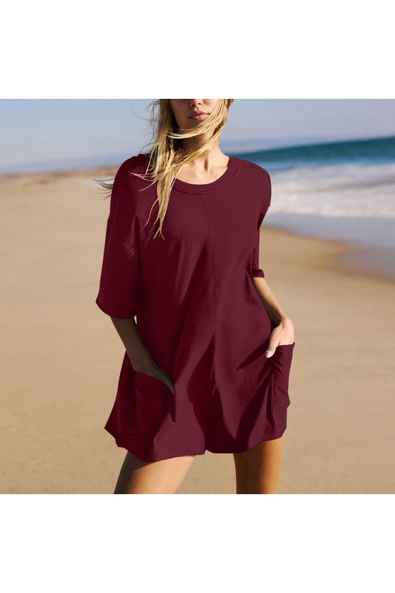 Women Fashion Solid Printed Casual Short Sleeve Round Neck Pocket Shorts Romper Prom Jumpsuits Body Suit Pack Wedding Attire for Women Guest Skin Tight Jumpsuit Boiler Suit Women Glitter Romper Women