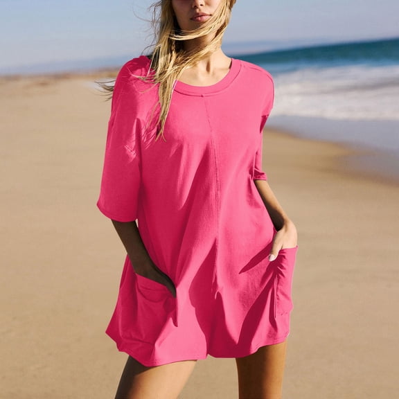 Women Fashion Solid Printed Casual Short Sleeve Round Neck Pocket Shorts Romper Prom Jumpsuits Body Suit Pack Wedding Attire for Women Guest Skin Tight Jumpsuit Boiler Suit Women Glitter Romper Women