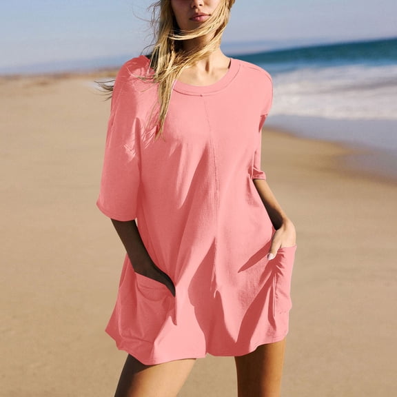 Women Fashion Solid Printed Casual Short Sleeve Round Neck Pocket Shorts Romper Prom Jumpsuits Body Suit Pack Wedding Attire for Women Guest Skin Tight Jumpsuit Boiler Suit Women Glitter Romper Women