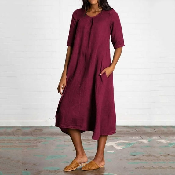 Women Fashion Solid Round Neck Pocket Quarter Sleeve Casual Loose Long Dress Womens Casual Summer Dress Long Sleeve Dresses Casual for Women Dress Ruffles Women Womens Long Dresses Woman Maxi Dresses