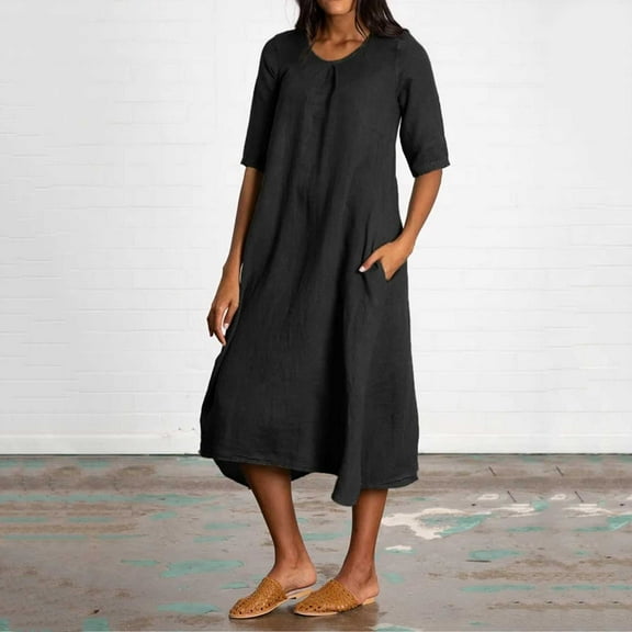 Women Fashion Solid Round Neck Pocket Quarter Sleeve Casual Loose Long Dress Womens Casual Summer Dress Long Sleeve Dresses Casual for Women Dress Ruffles Women Womens Long Dresses Woman Maxi Dresses