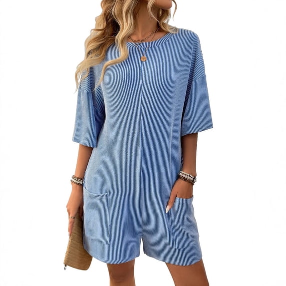 Women Fashion Solid Round-neck Short Sleeve Pockets Short Jumpsuit