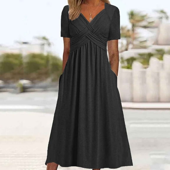 Women Fashion Solid Short Sleeve Casual Loose Long Dress With Pockets Midi Dress Petite Casual Dresses for Summer Casual Dress with Pockets Plain Summer Dresses Missal Dresses Summer Floral Dress for