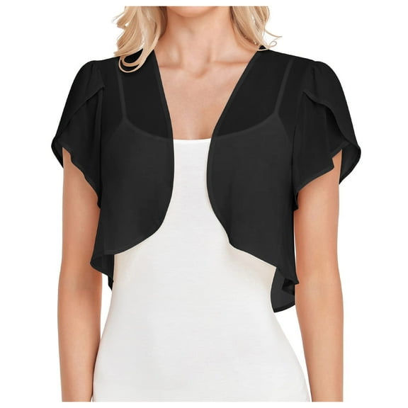 Women Fashion Solid Short Sleeve Cropped Bolero Open Front Chiffon Cardigan Short Kimonos for Women