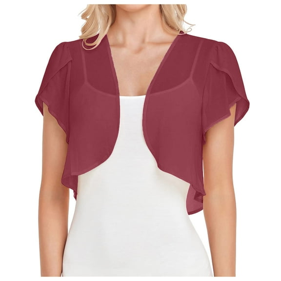 Women Fashion Solid Short Sleeve Cropped Bolero Open Front Chiffon Cardigan