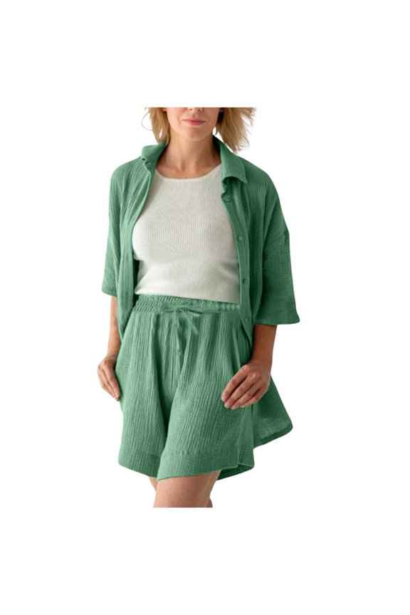 Women Fashion Solid Short Sleeve Shirt High Waist Drawstring Shorts Casual Two Piece Set