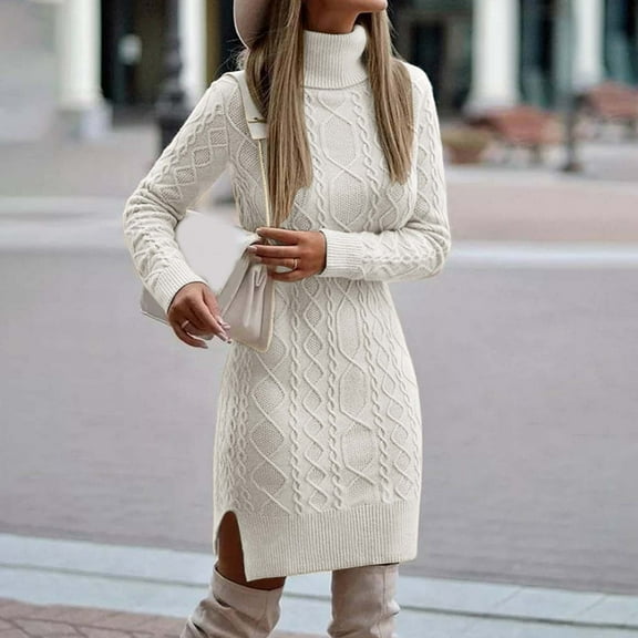 Women Fashion Solid Slim Fit Long Sleeve Pullover Sweater Knitted Lapel Sweater Slit Mid Length Sweater Skirt Swing Dress with Buttons Summer Dress for Women Summer Womens Dresses Causal Maxi Dresses