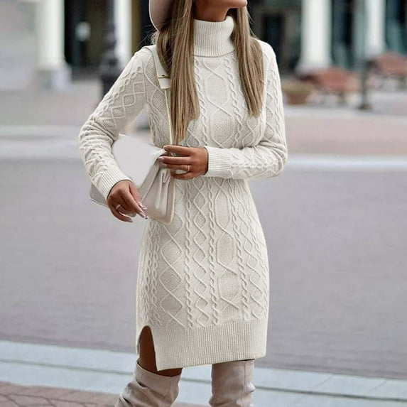 Women Fashion Solid Slim Fit Long Sleeve Pullover Sweater Knitted Lapel Sweater Slit Mid Length Sweater Skirt Swing Dress with Buttons Summer Dress for Women Summer Womens Dresses Causal Maxi Dresses