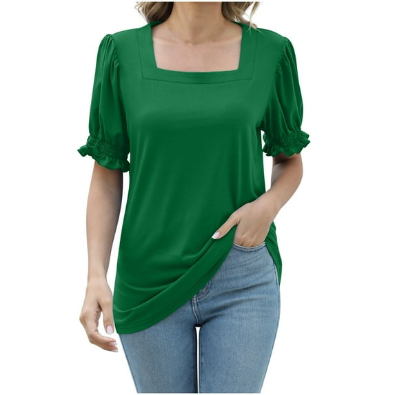 Women Fashion Solid Square Neck Pleated and Flowy Bubble Sleeve Tops Elegant Tee Shirt Lightweight Loose Fit Blouse(XL,Green)