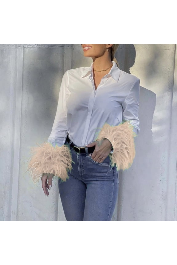 Women Fashion Solid Turndown Collar Feather Long Sleeves Shirt Blouse Button Loose Tunic Top