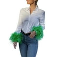 thumbnail image 1 of Women Fashion Solid Turndown Collar Feather Long Sleeves Shirt Blouse Button Loose Tunic Top, 1 of 2