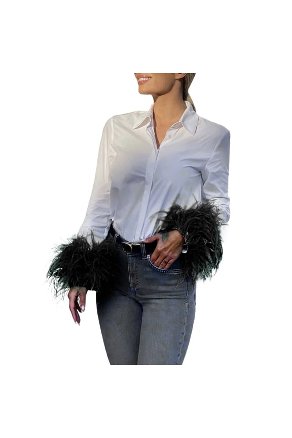 Women Fashion Solid Turndown Collar Feather Long Sleeves Shirt Blouse Button Loose Tunic Top