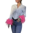 thumbnail image 1 of Women Fashion Solid Turndown Collar Feather Long Sleeves Shirt Blouse Button Loose Tunic Top, 1 of 2
