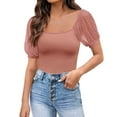 thumbnail image 1 of Women Fashion Solid U Neck Short Puff Sleeve Shirt Blouse Loose Tunic Top, 1 of 2