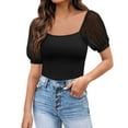 thumbnail image 1 of Women Fashion Solid U Neck Short Puff Sleeve Shirt Blouse Loose Tunic Top, 1 of 2