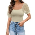 thumbnail image 1 of Women Fashion Solid U Neck Short Puff Sleeve Shirt Blouse Loose Tunic Top, 1 of 2