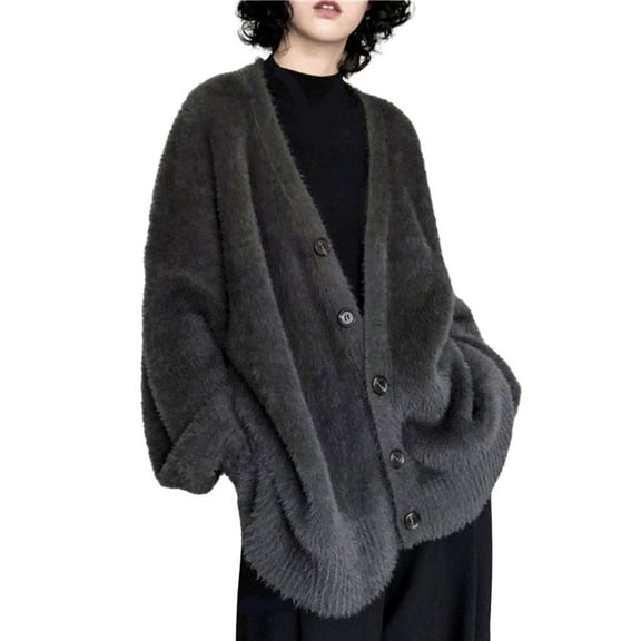 Women Fashion Solid V Neck Button Casual Loose Sweater Knitted Cardigan Coat