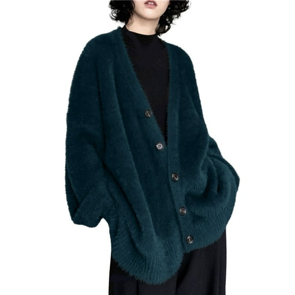 Women Fashion Solid V Neck Button Casual Loose Sweater Knitted Cardigan Coat