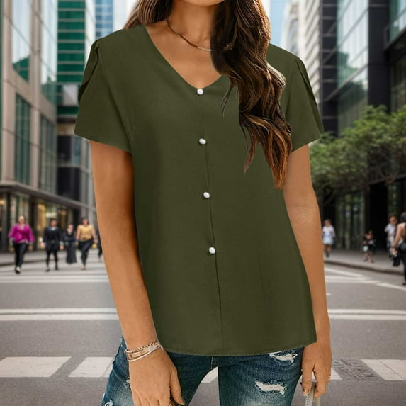 Women Fashion Solid V Neck Short Sleeve Shirt Chiffon Shirt Casual Pearl Top Athletic Top Top Women Loose Casual Short Sleeve Extra Large Women Long Sleeve Undershirt for Women Striped Short Sleeve