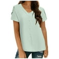 thumbnail image 1 of Women Fashion Solid V Neck Short Sleeve Shirt Chiffon Shirt Casual Pearl Top, 1 of 2