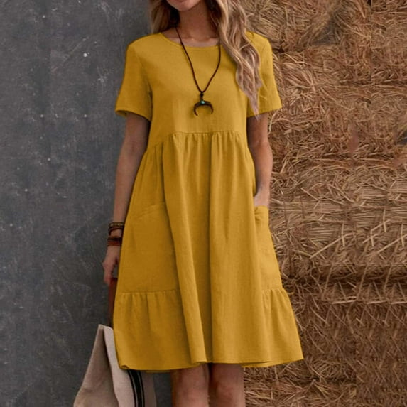Women Fashion Solid Vintage And Linen Loose Pocket Round Neck Short Sleeve Dress V Neck Midi Dress Long Dresses Women Summer Dress with Sleeves for Women Floral Dresses for Women Sleeveless Lost Ink