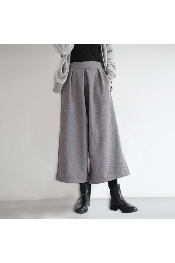 Women Fashion Solid Woolen Culottes Loose Wide Leg Pants Nine Quarter Pants Drawstring Sweatpants Women Drawstring Pants for Women Casual Pants Set for Women Casual Pants for Women Petite Pant Suits