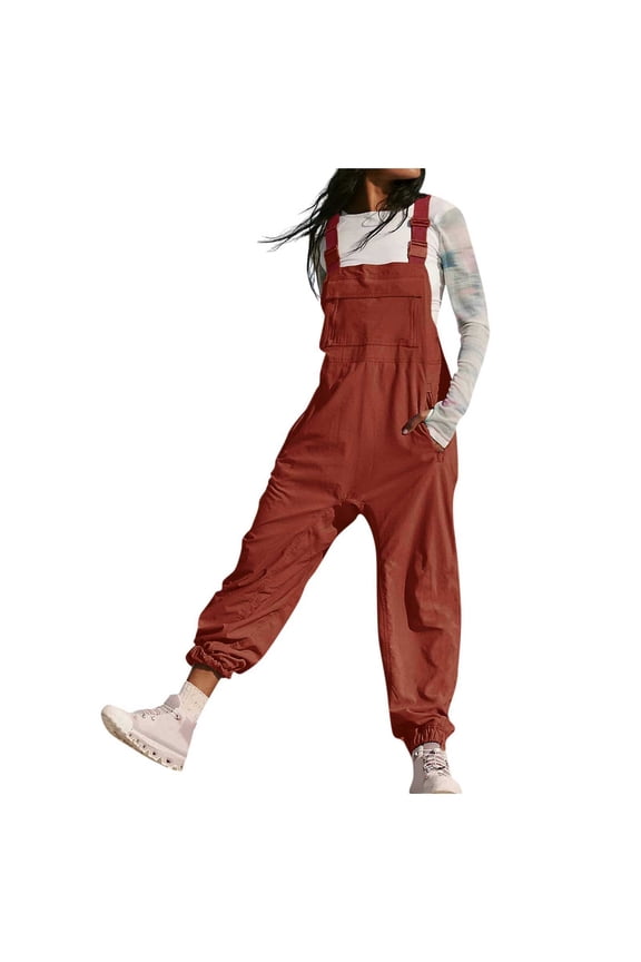 Women Fashion Solid Work Overalls with Pockets - Casual Leggings Jumpsuits, Polyester, S-XXL, Elastic Waist, for Summer/Outdoor Activities