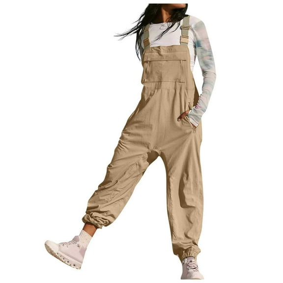 Women Fashion Solid Work Overalls with Pockets - Casual Leggings Jumpsuits, Polyester, S-XXL, Elastic Waist, for Summer/Outdoor Activities