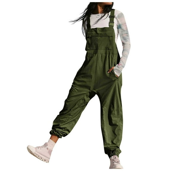 Women Fashion Solid Work Overalls with Pockets - Casual Leggings Jumpsuits, Polyester, S-XXL, Elastic Waist, for Summer/Outdoor Activities