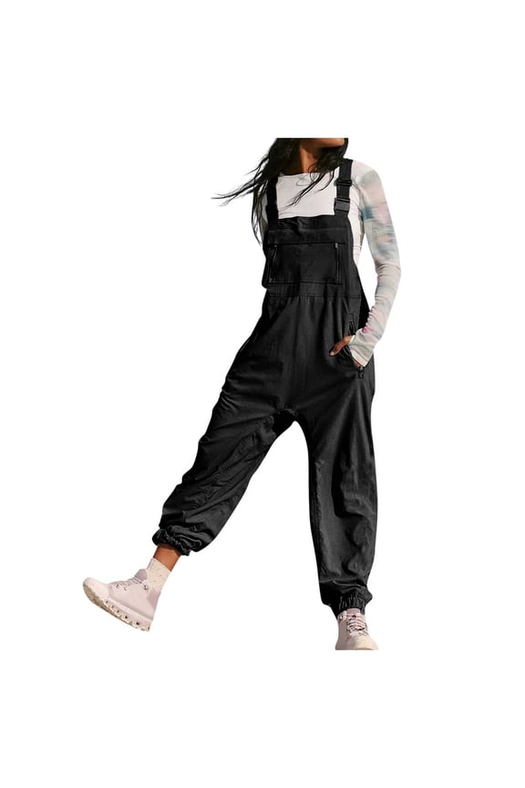 Women Fashion Solid Work Overalls with Pockets - Casual Leggings Jumpsuits, Polyester, S-XXL, Elastic Waist, for Summer/Outdoor Activities